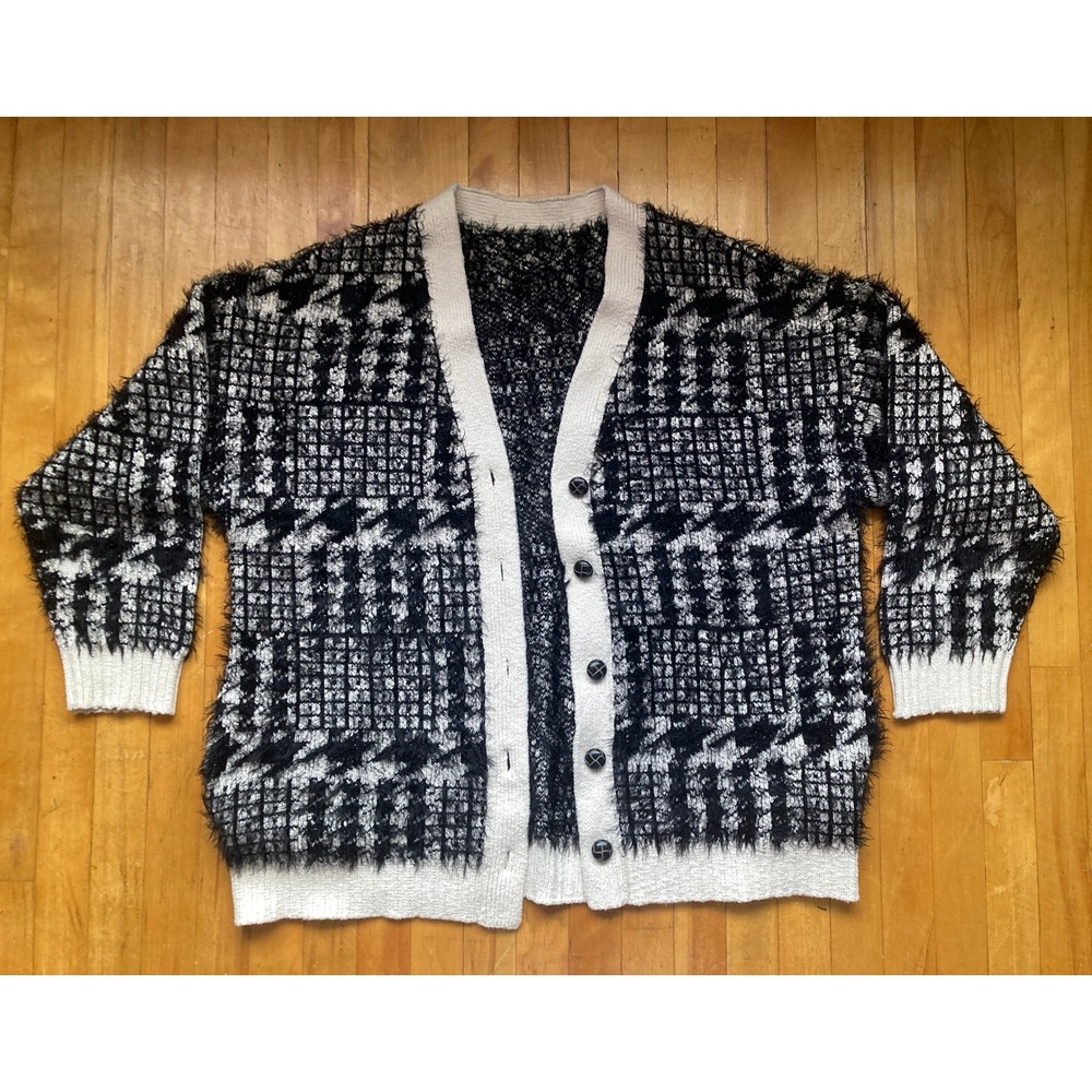 Oversized Black White Eyelash Knit Houndstooth Cardigan Sweater with Pockets
